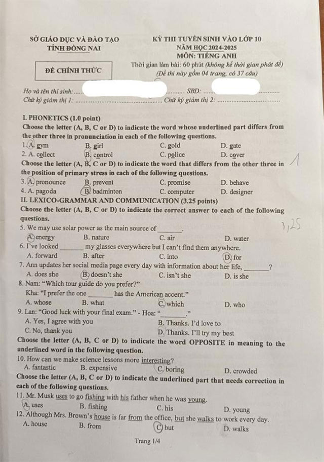 Đề thi chính thức môn tiếng Anh vào 10 Đồng Nai 2024