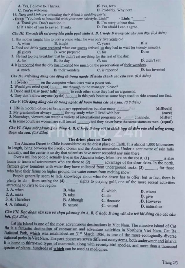 Đề thi chính thức môn tiếng Anh vào 10 Phú Thọ 2024