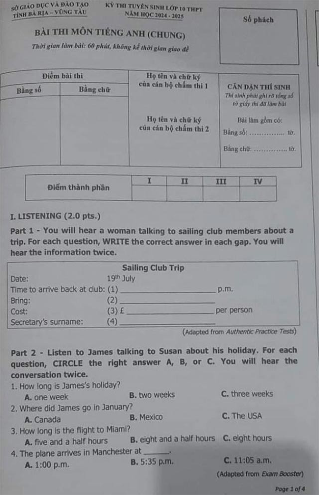 Đề thi tuyển sinh vào lớp 10 môn tiếng Anh Bà Rịa Vũng Tàu Chính thức