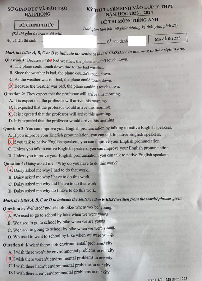 Đề thi tuyển sinh lớp 10 môn Anh 2023 Hải Phòng có đáp án