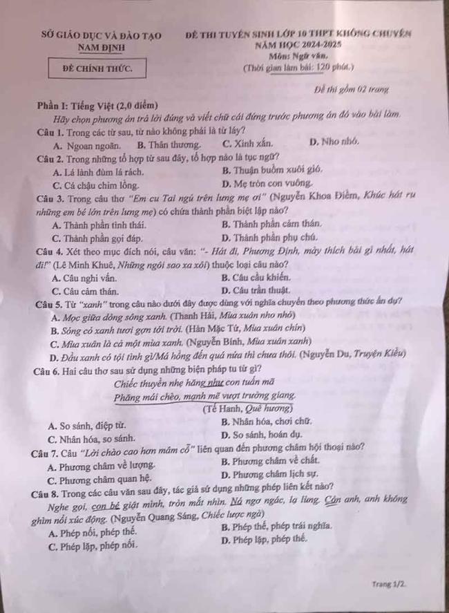 đề thi vào lớp 10 môn Văn năm 2024 - 2025 tỉnh Nam Định trang 1