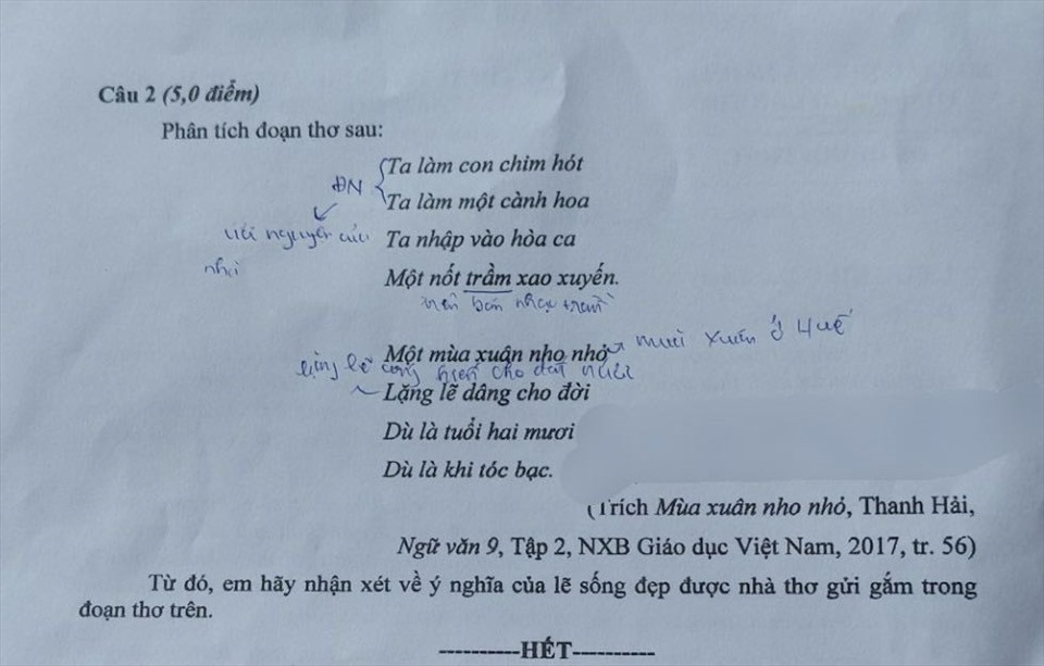 Đề thi môn Ngữ Văn vào lớp 10 Thành phố Cần Thơ. Ảnh: Trang Hà