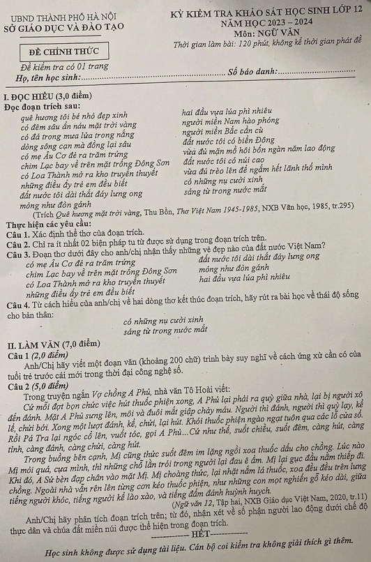 Đề thi thử THPT Quốc gia 2024 môn Văn Sở Hà Nội