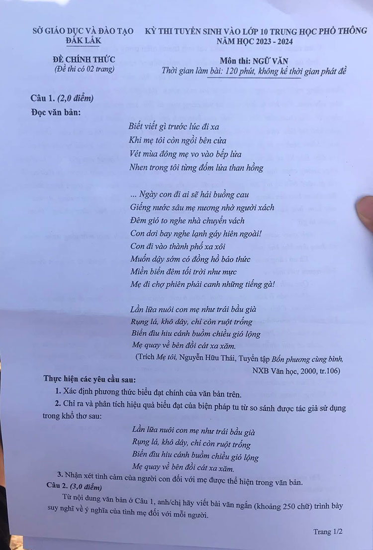 Đáp án đề thi tuyển sinh lớp 10 môn Văn Đắk Lắk 2023 trang 1