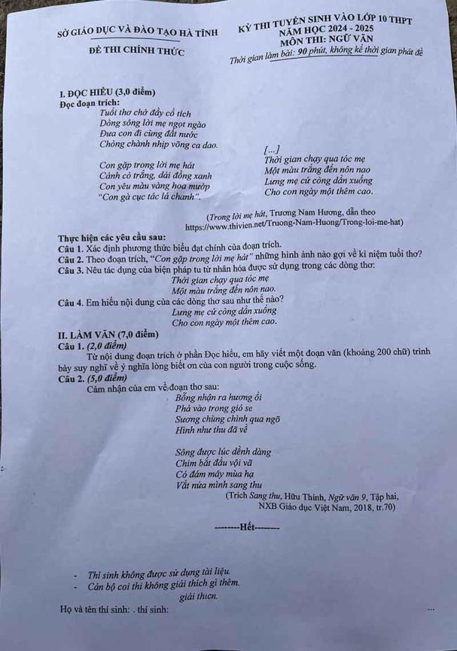 Đáp án đề thi tuyển sinh lớp 10 môn văn Hà Tĩnh 2024