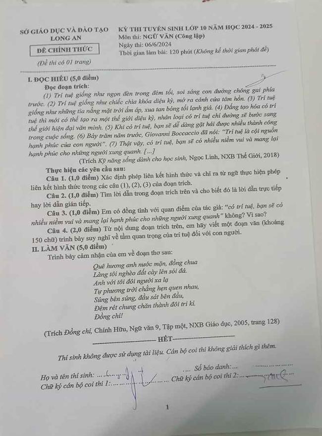 Đáp án đề thi tuyển sinh lớp 10 môn văn tỉnh Long An 2024