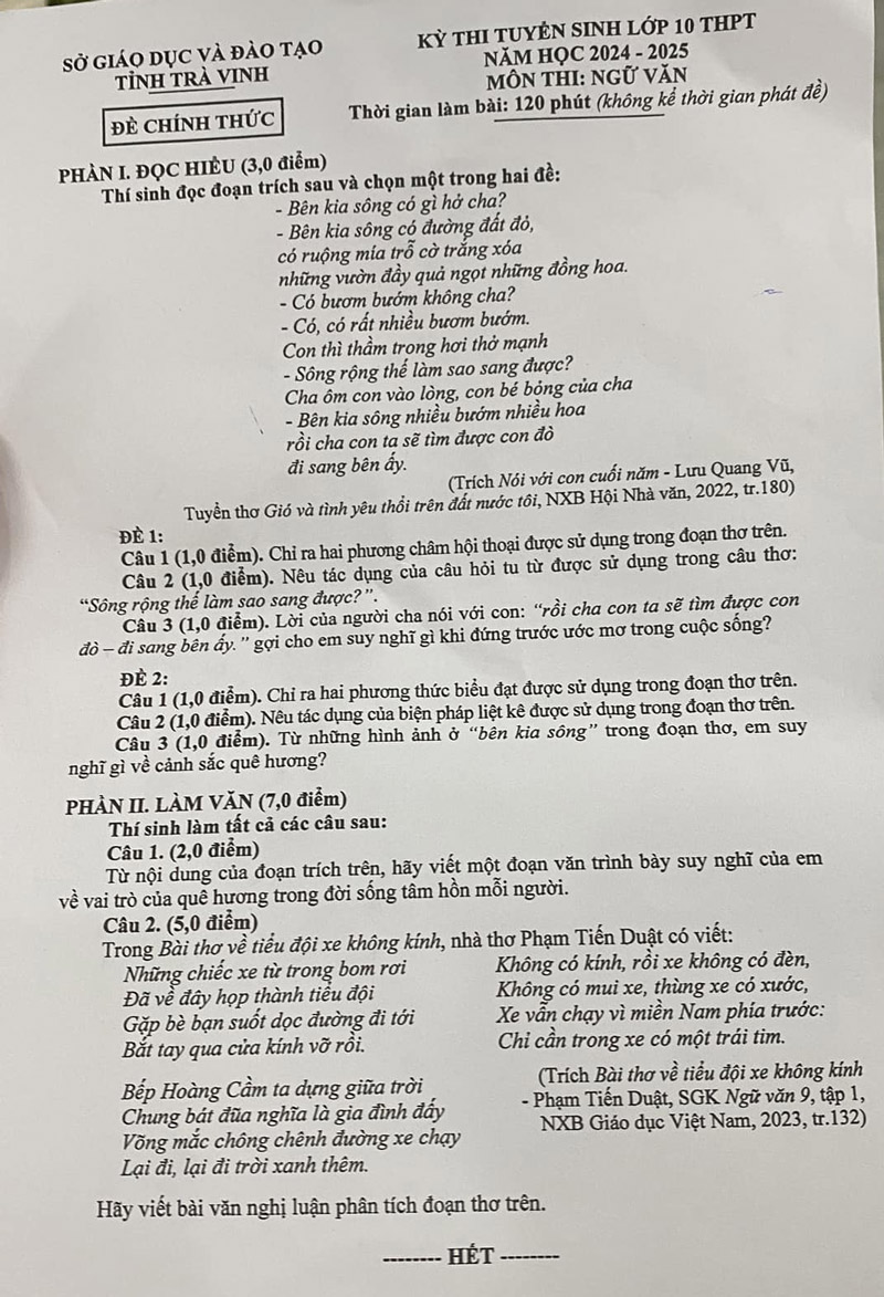 đề thi tuyển sinh lớp 10 môn văn tỉnh Trà Vinh năm học 2024 - 2025