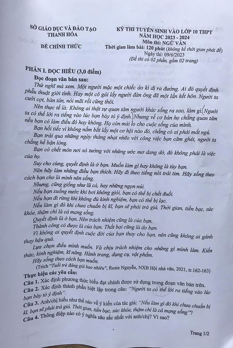 Đáp án đề thi vào lớp 10 môn Văn tỉnh Thanh Hoá 2023 trang 1