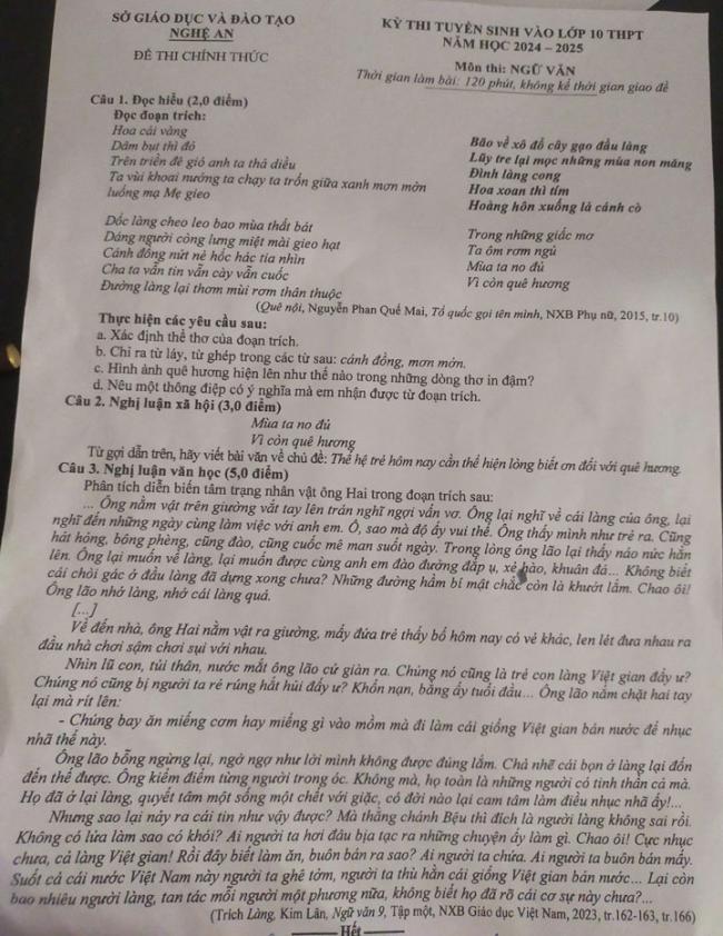 Môn Văn đề thi vào lớp 10 Nghệ An 2024
